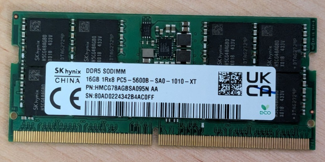SK Hynix 16GB DDR5 5600 Laptop SODIMM RAM 1Rx8 PC5-5600B HMCG78AGBSA095N