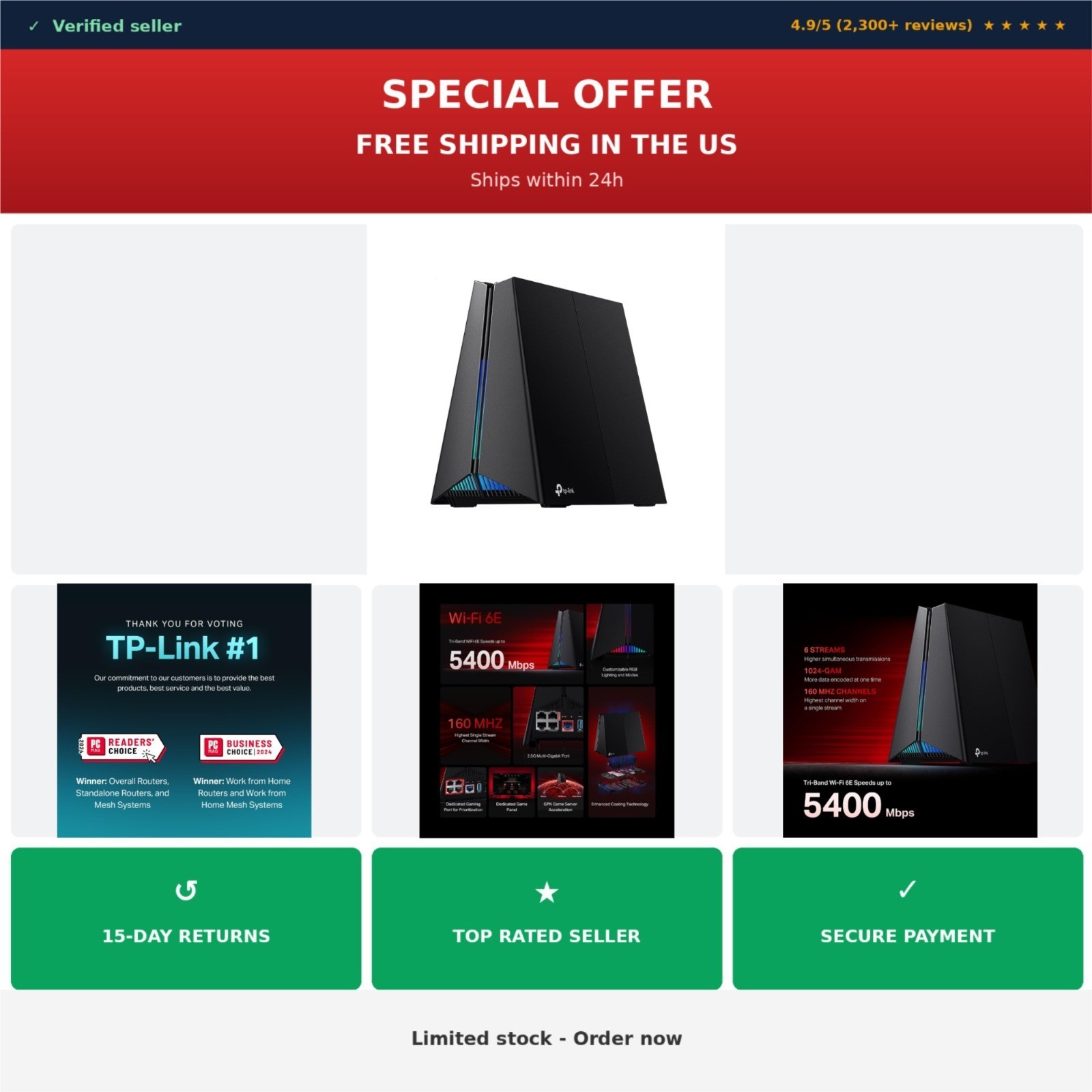 TP-Link Archer GXE75 AXE5400 Tri-Band Wi-Fi 6E Gaming Router, 5.4 Gbps, 2.5G