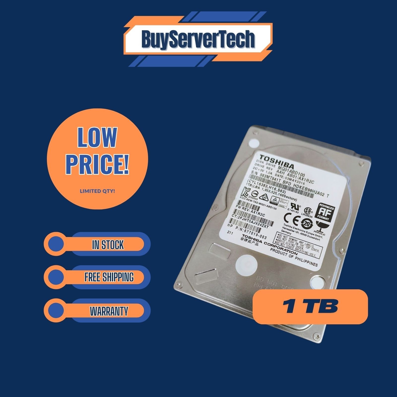Toshiba MQ01ABD100 1TB, Internal, 5400 RPM. 2.5"  Hard Drive