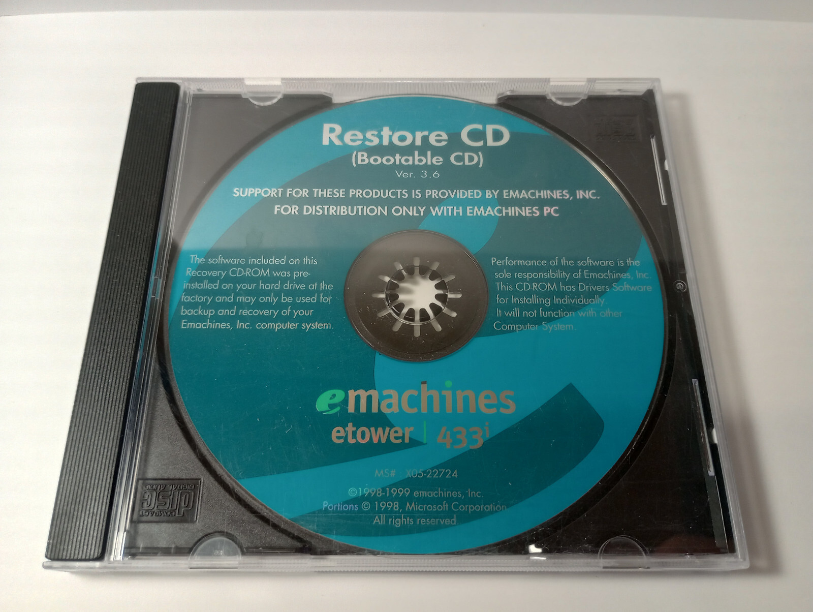 eMACHINES ETOWER 500IS RESTORE CD VER. 3.6 BOOTABLE CD 