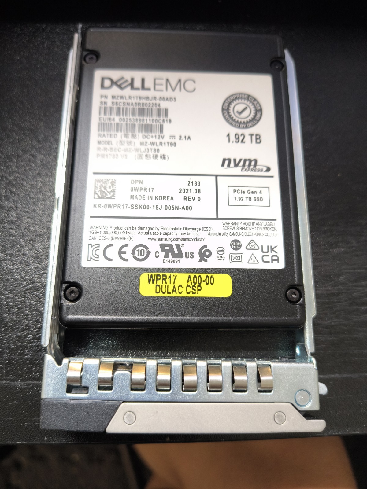 Samsung DELL PM1733 1.92TB SSD NVME MZ-WLR1T90 MZWLR1T9HBJR-00AD3 PCle Gen 4 