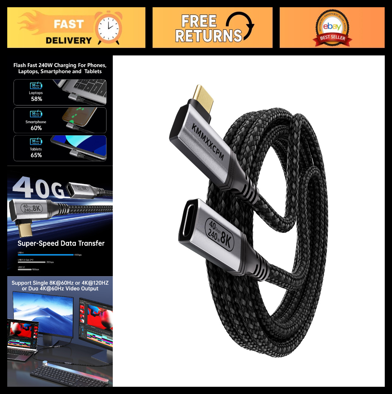 6.6FT Right Angle USB-C Extension Cable, 40Gbps Data Transfer, 240W Fast Chargin