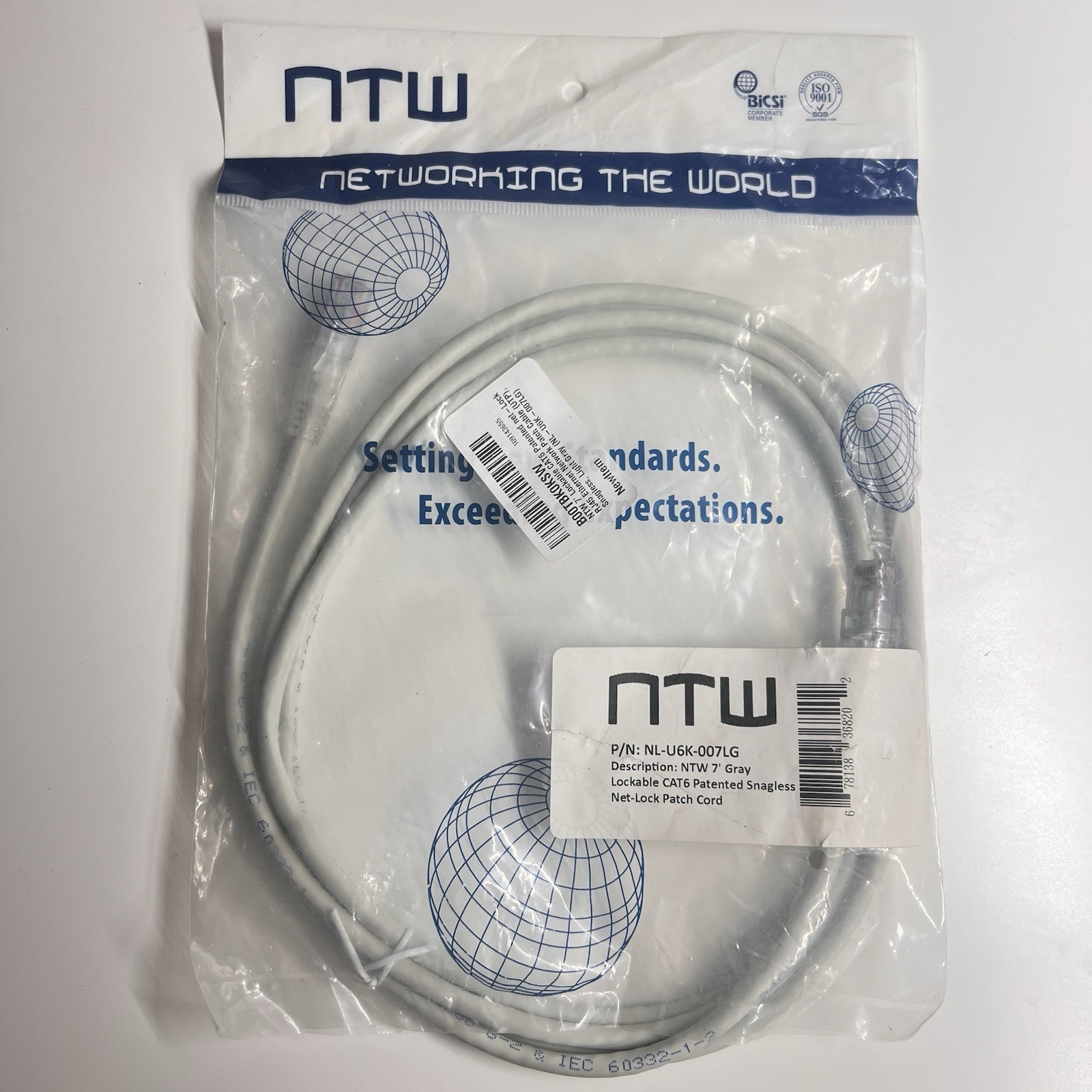 NTW NL-U6K-007LG 7ft Gray CAT6 Lockable Net-Lock Patch Cable RJ45 NEW