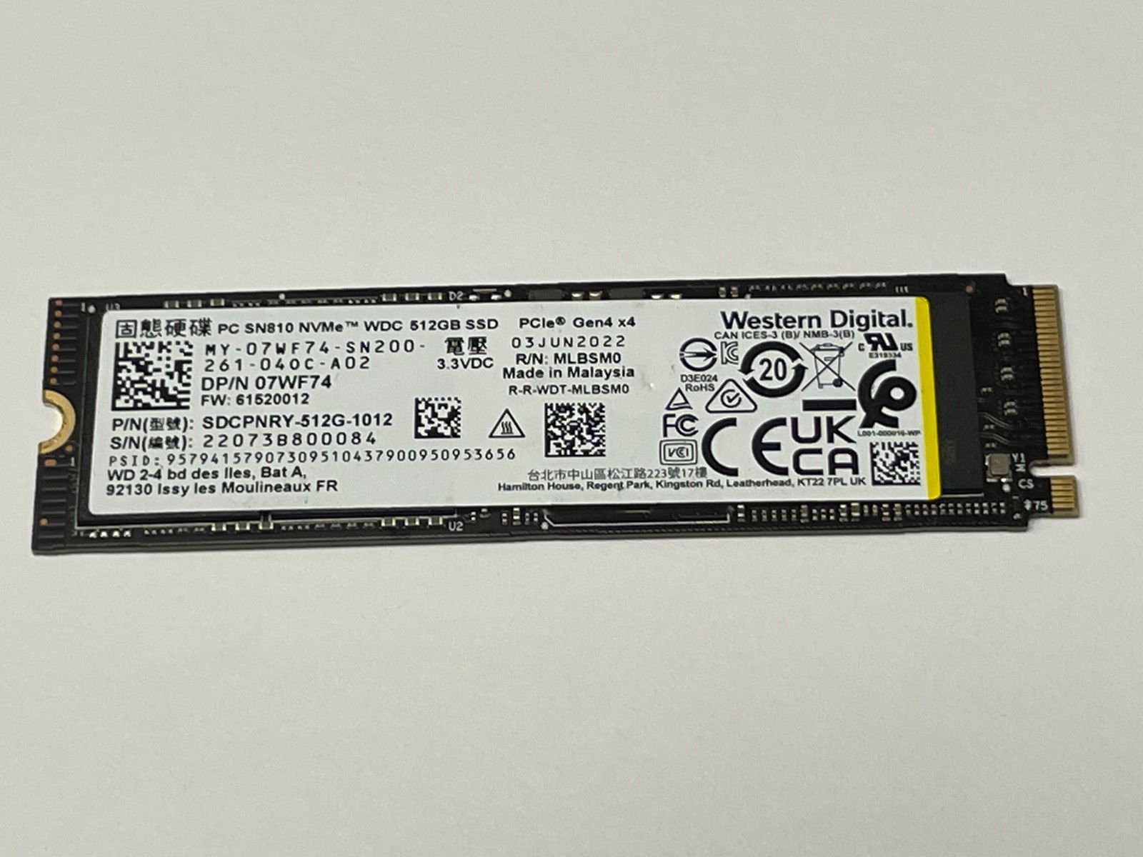 Western Digital 512GB PC SN810 NVMe m.2 SSD Solid State Drive SDCPNRY-512G-1012