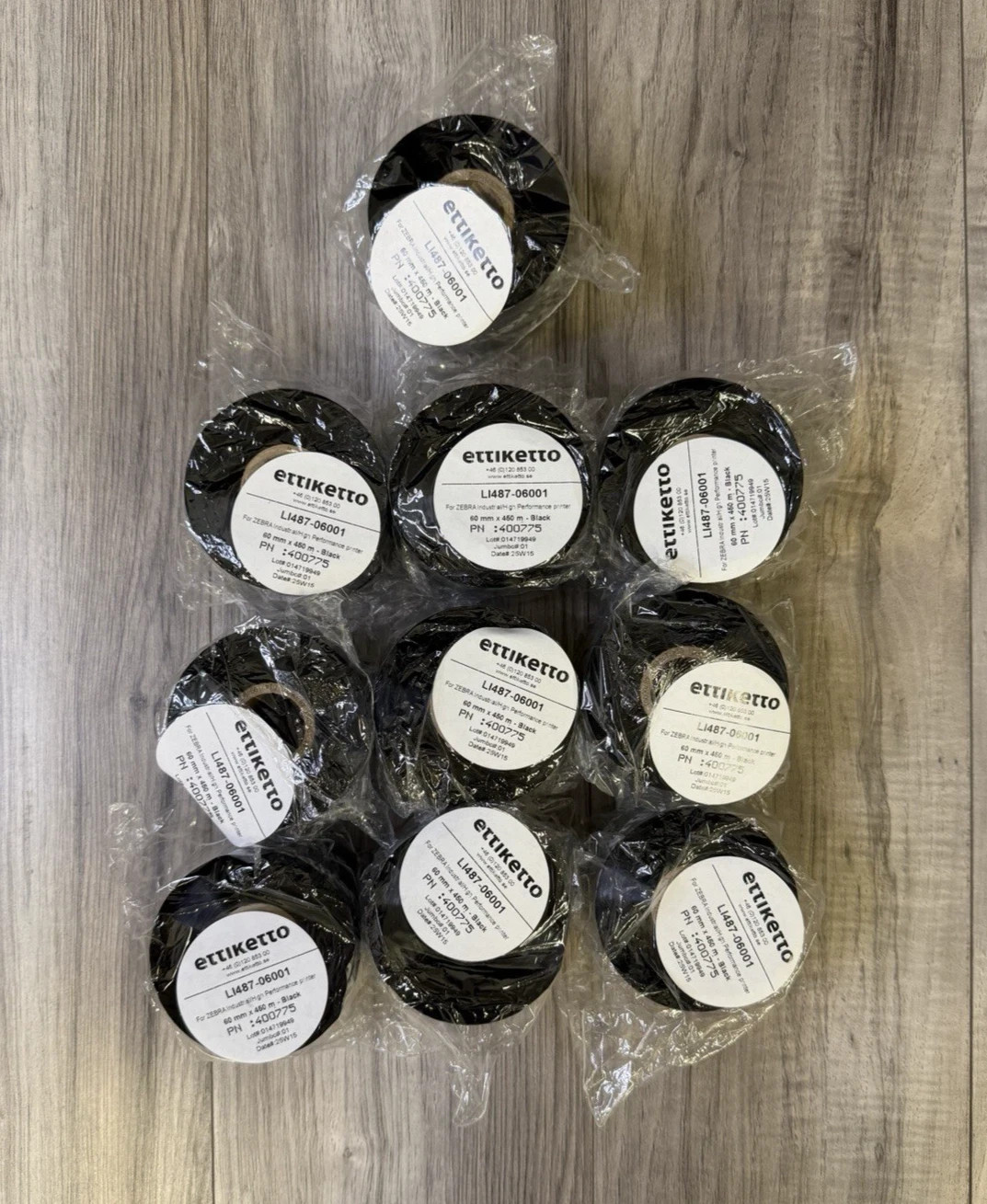 Ettiketto LI487-06001 Zebra Thermal Ribbon 60mm x 450m Wax Resin Black Lot of 10