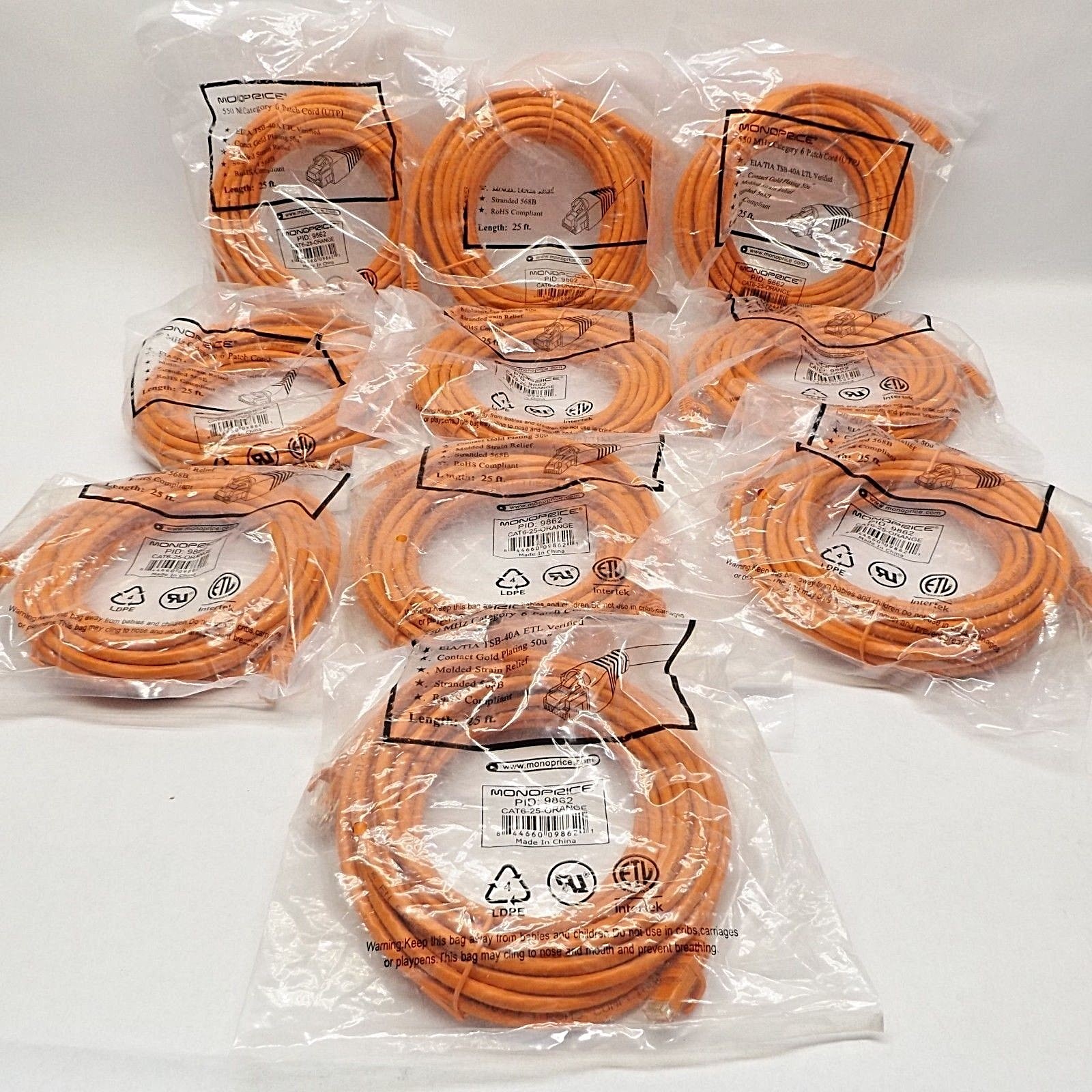 Lot of 10 Monoprice 9862 CAT6-25-Orange 550 Mhz Category 6 Patch Cord