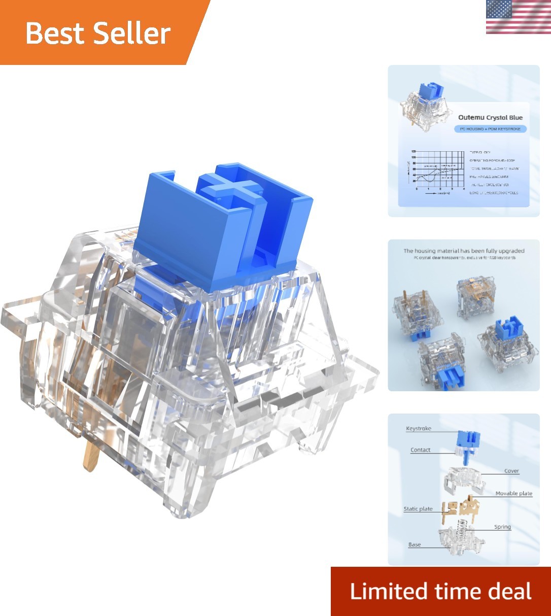 Gaote Crystal Blue Switches for MX Mechanical Gaming Keyboard,3-Pin 50gf Clic...