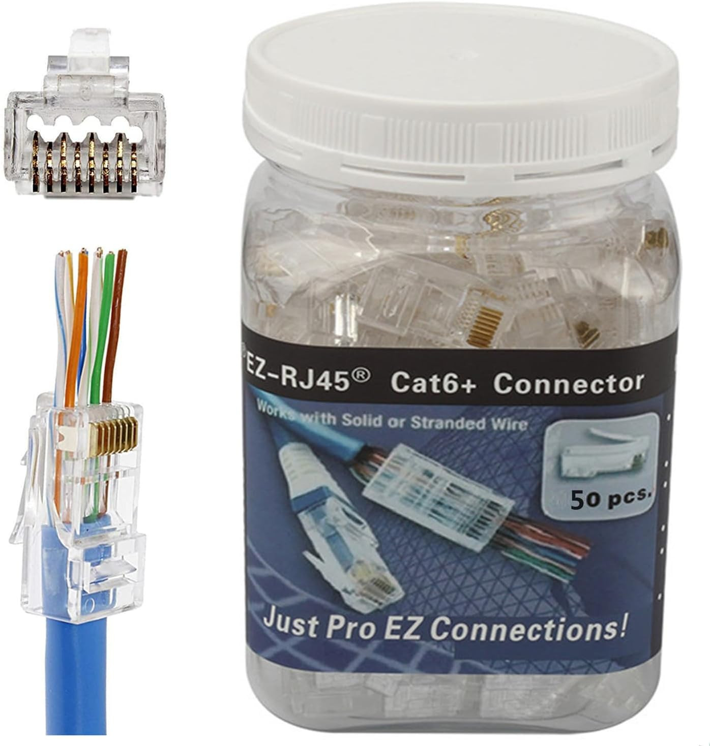 RJ45 Cat6A Cat6 Pass through Connectors 50Pack 23AWG End Bold Ethernet 8P8C Gold