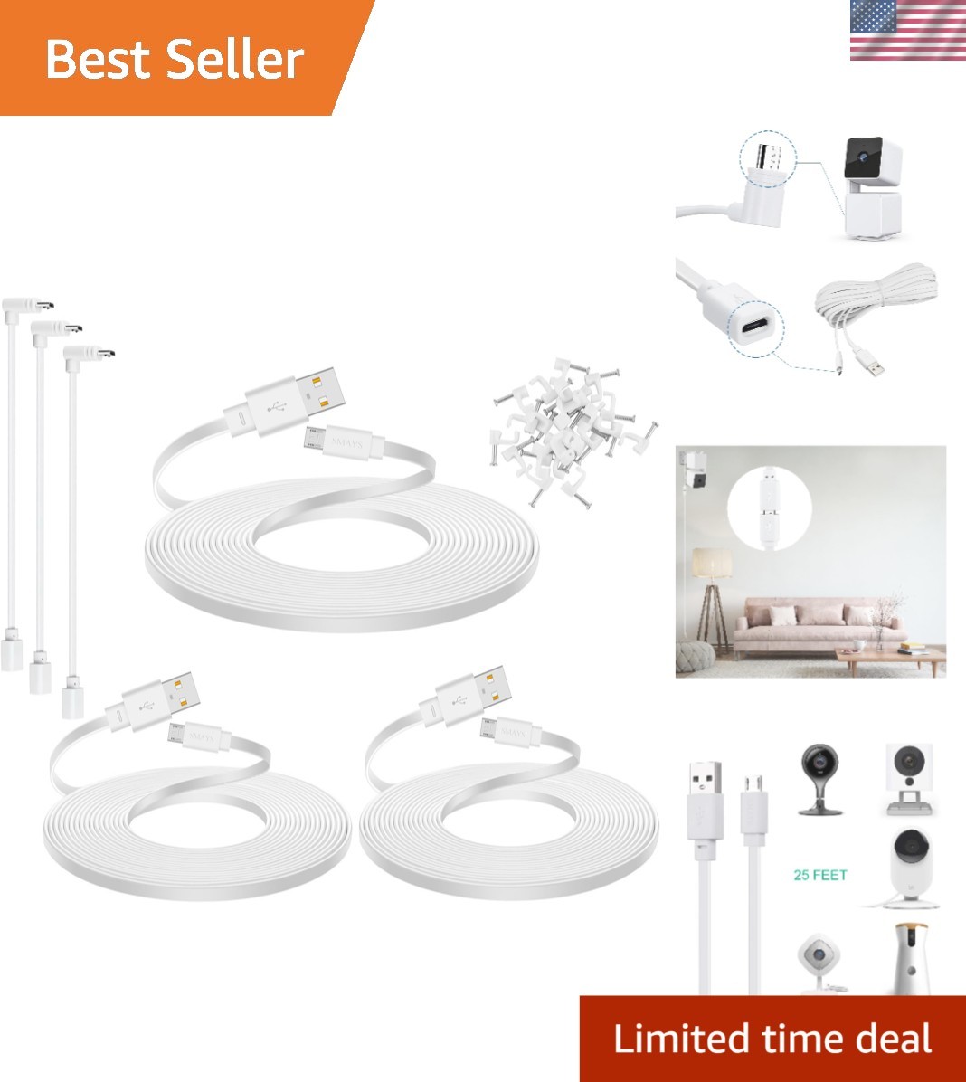 White 25ft Micro USB Extension Cables (3-Pack) for Enhanced Camera Connectivity