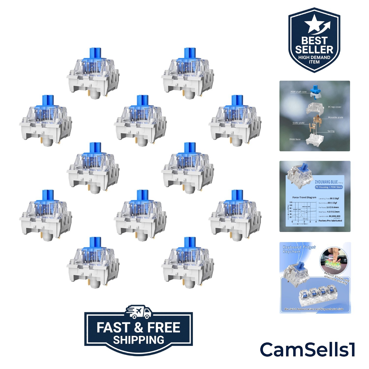 Pre-Lubricated 72 Pcs Blue Clicky Switches - Ideal for Gaming & Stress Relief