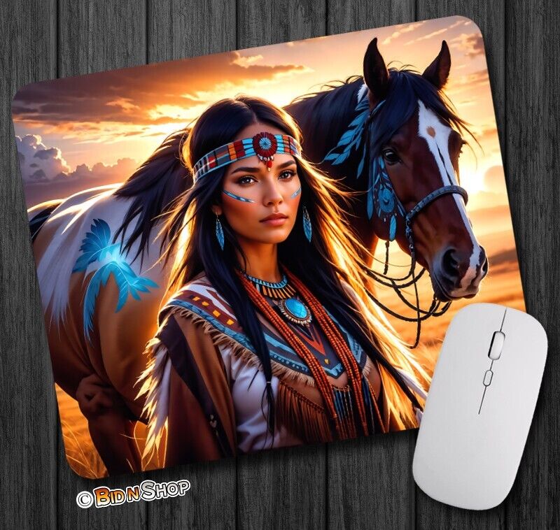 Native American Indian Woman & Horse - Mouse Pad / PC Mousepad Art Painting GIFT