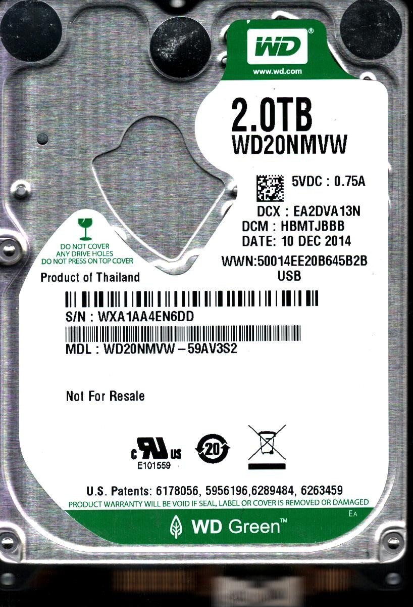 WD20NMVW-59AV3S2 S/N: WXA1A DCM: HBMTJBBB WESTERN DIGITAL 2TB THAILAND DEC 2014