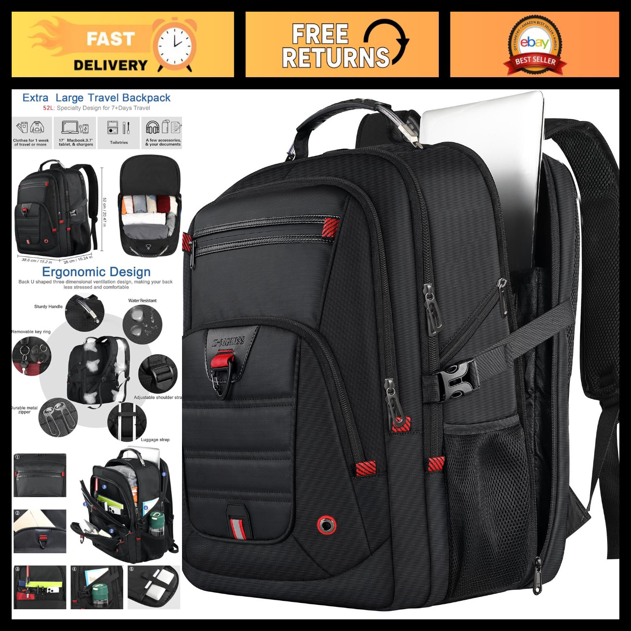 Extra Large 52L Travel Backpack for Men & Women - Fits 17.3" Laptops, Durable &