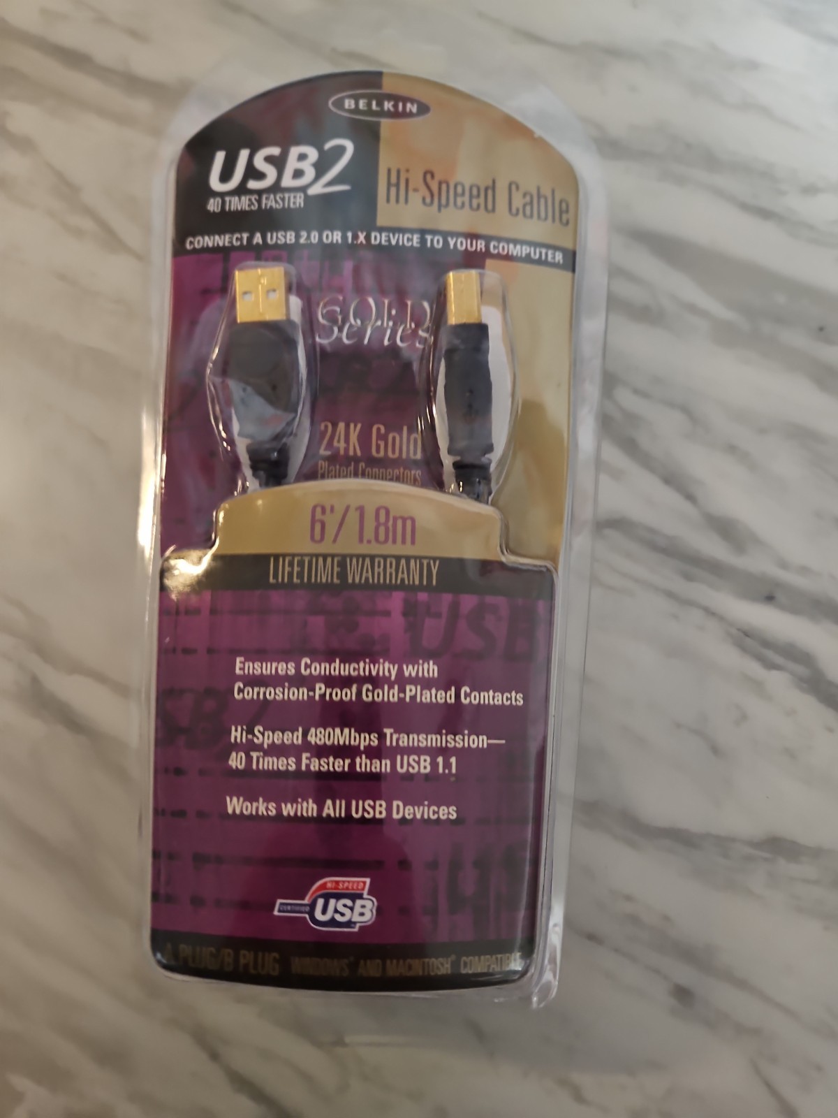 Belkin USB2 Hi-Speed USB Cable Gold Plated 24k Gold Series 6’ New Old Stock