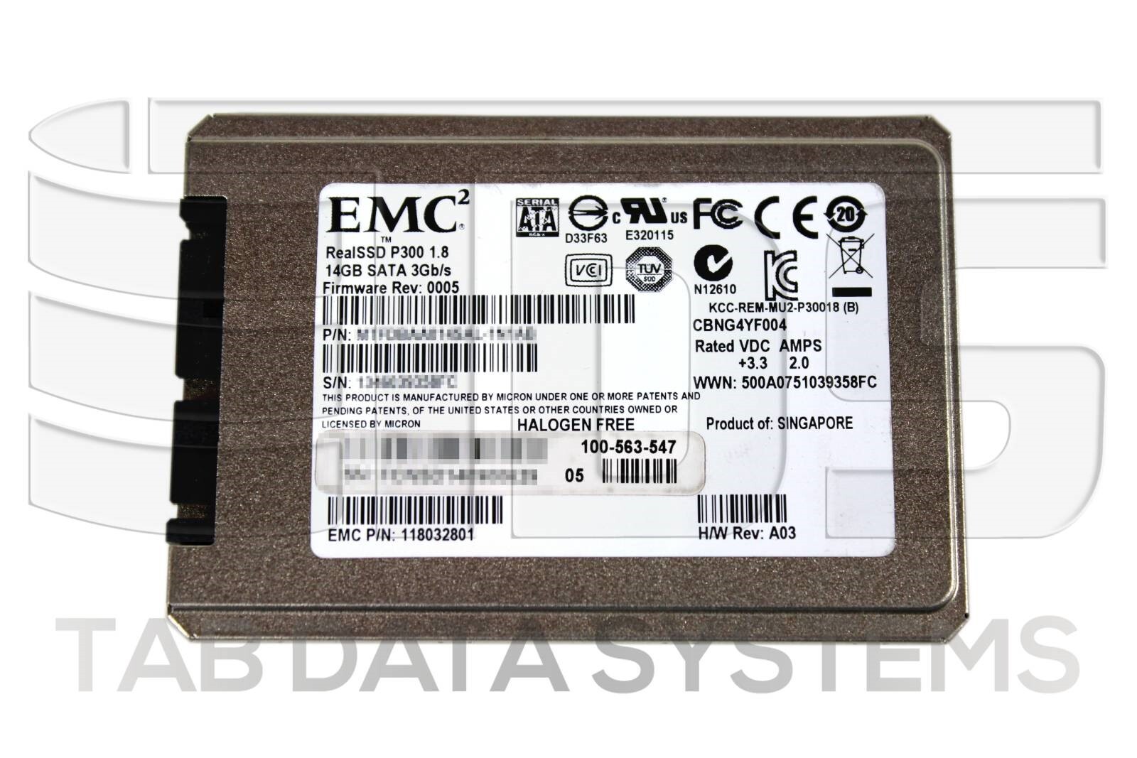 EMC 100-563-547 14GB SATA 3Gbps 1.8" SLC SSD 118032801 for VNXe3100