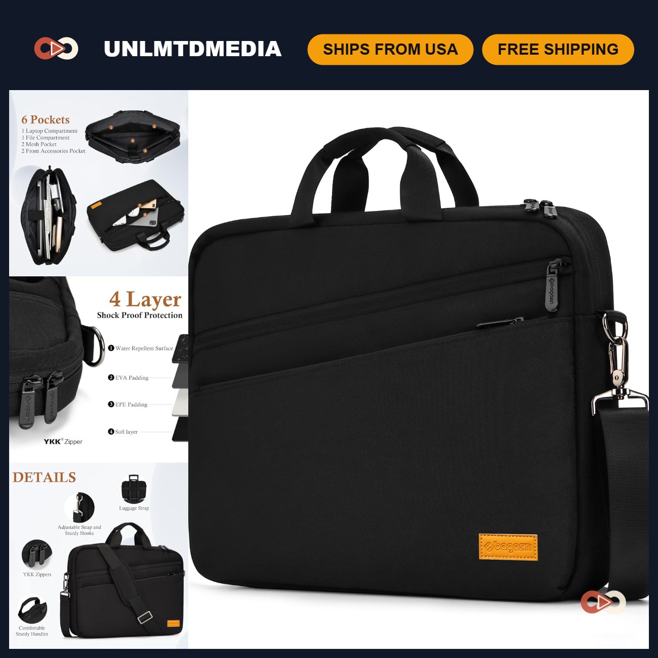 15-16 Inch Laptop Shoulder Bag, Computer Carrying Case, Waterproof, Lightweight