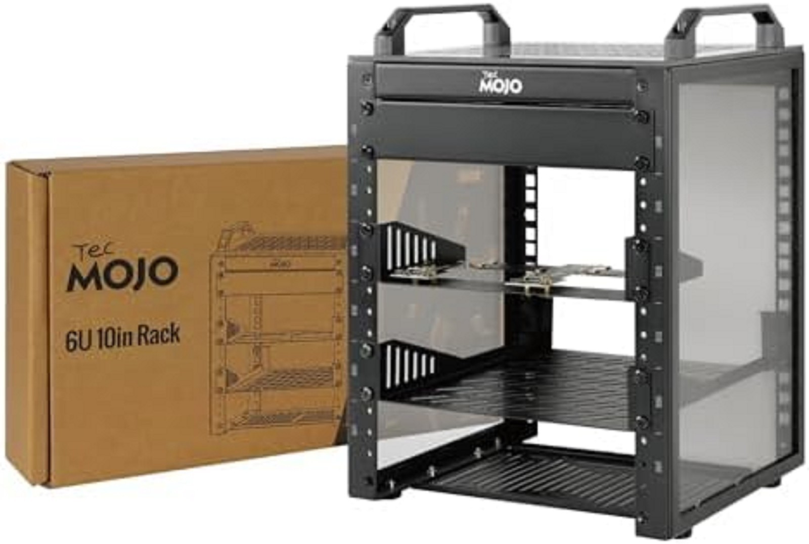 Compact 6U Mini Network Rack with Translucent Panels & Handles, Black