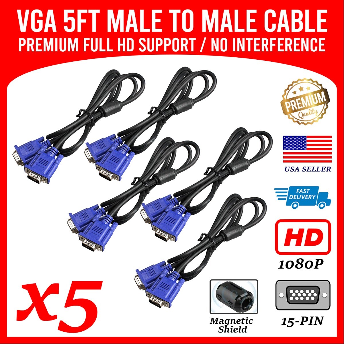 5 Pack - Brand New VGA cable High Definition  5Ft 1080p HD Monitor Laptop DVD