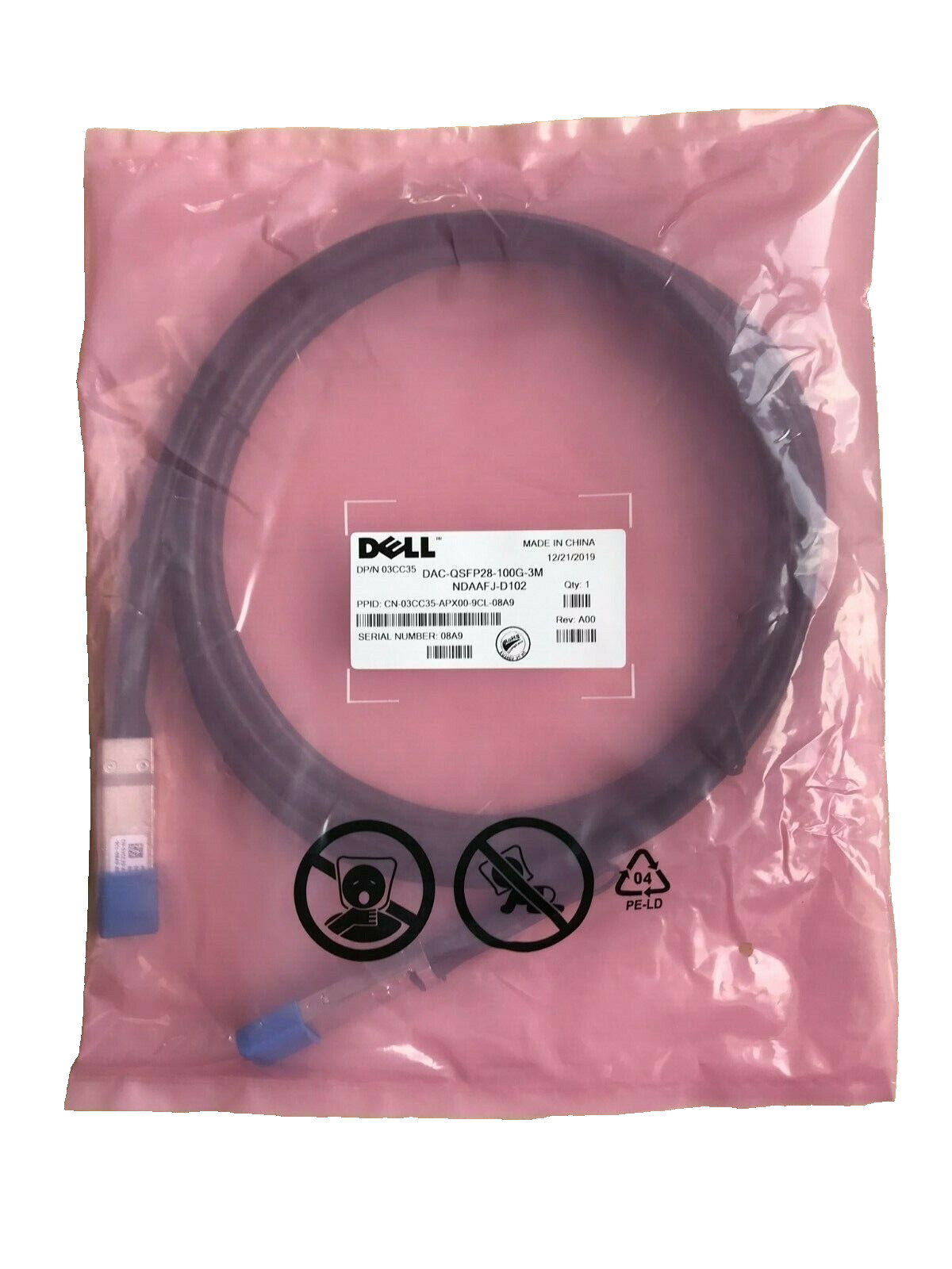 Dell DAC - QSFP28 - 100G - 3M Twinax Network Cable / Dell Part No. 03CC35