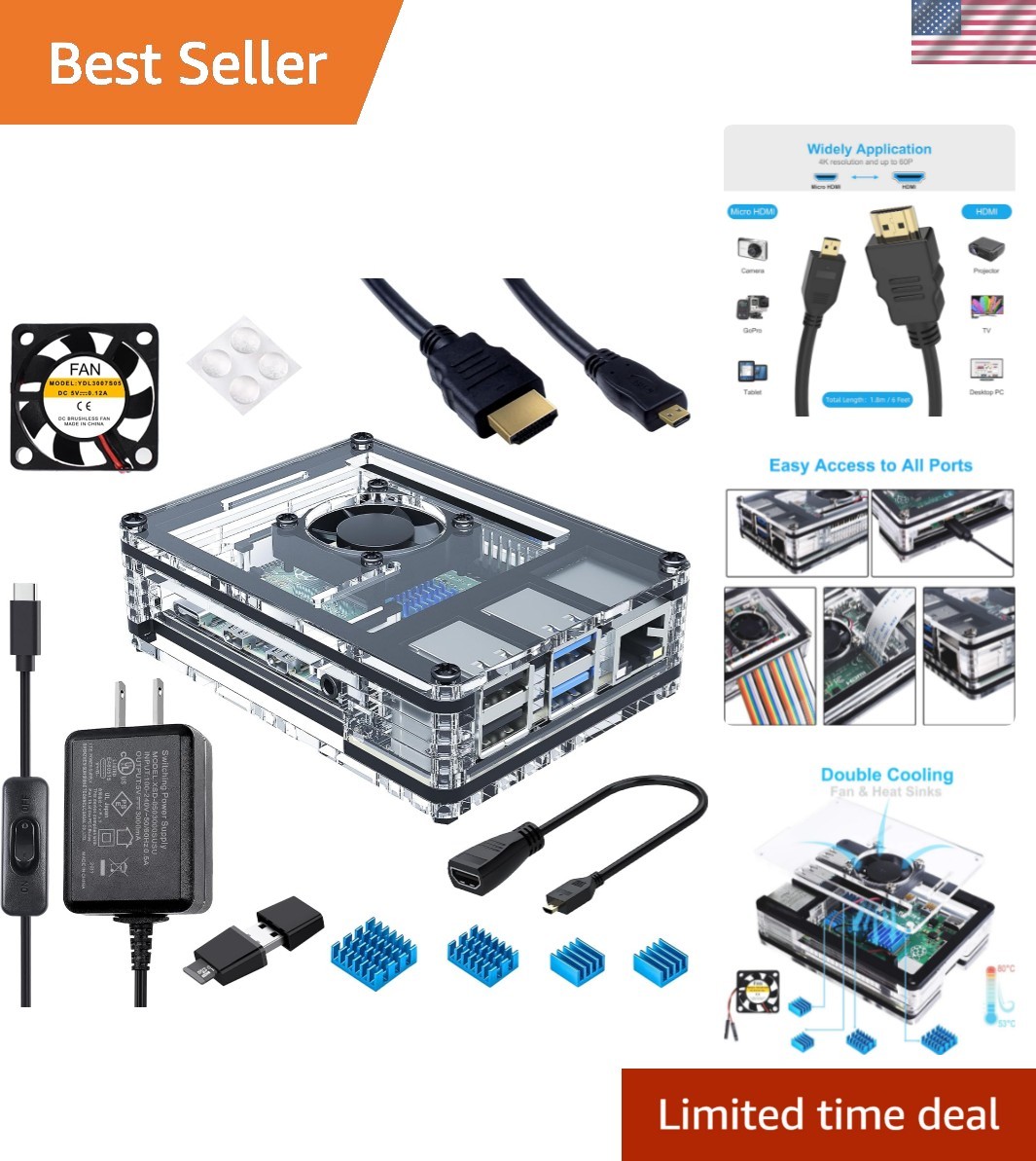 Raspberry Pi 4 Cooling Solution: Clear Case with 30mm Fan, Heatsinks & Adapter