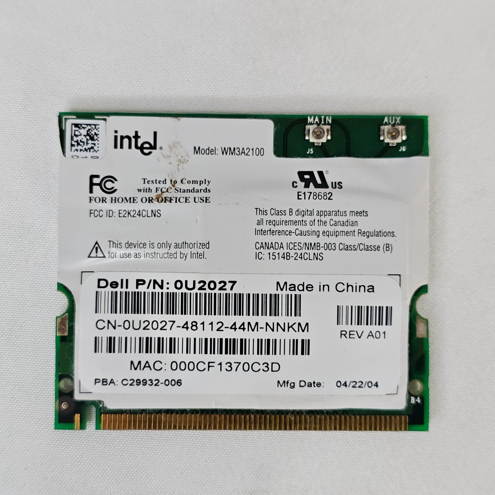 Intel Pro/Wireless WM3A2100 802.11b Mini PCI WiFi Wireless - Genuine Dell U2027