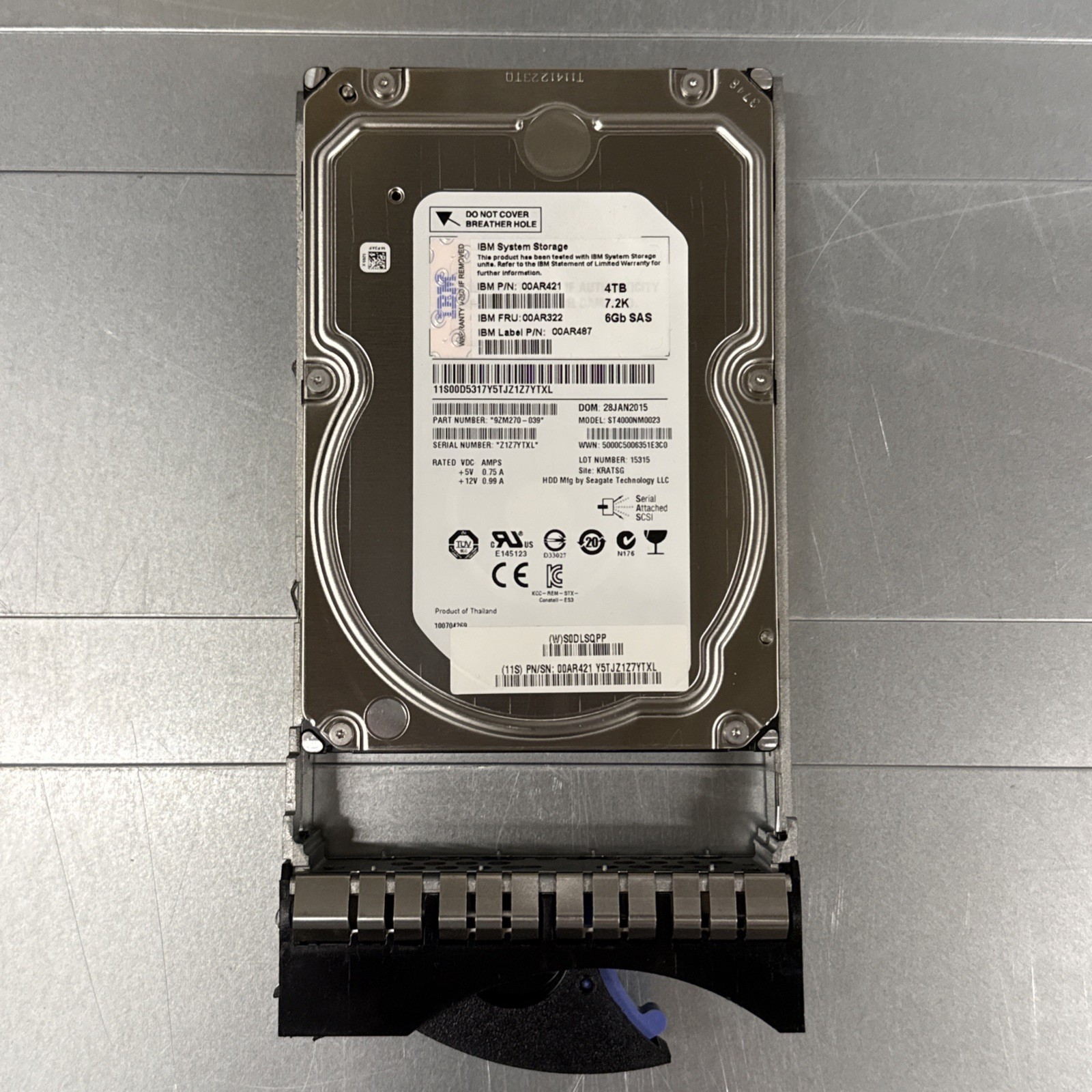 IBM 00AR322 HDD 4TB 7.2K SAS 3.5" Internal Hard Disk Drives ST4000NM0023 W/ Sled
