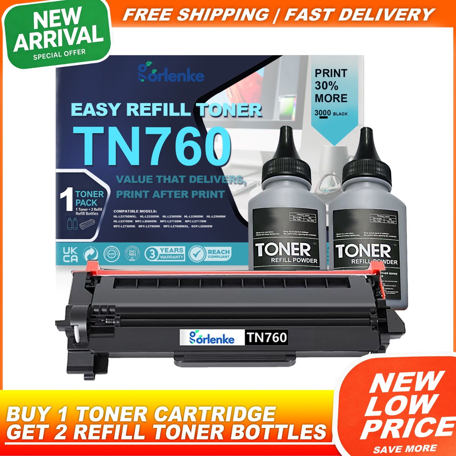 Easy Refill TN760 For Brother Toner Cartridge HL-L2370DWXL  HL-L2325DW HL-L2350D