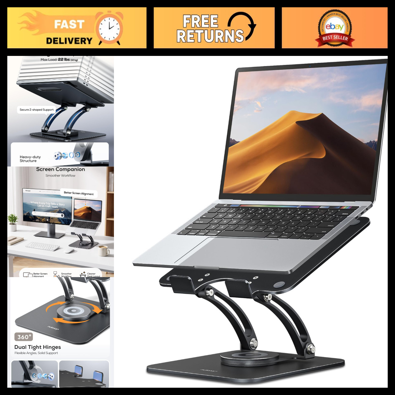 360° Rotating Ergonomic Laptop Stand for Desk - Dual Foldable Design, Adjustable