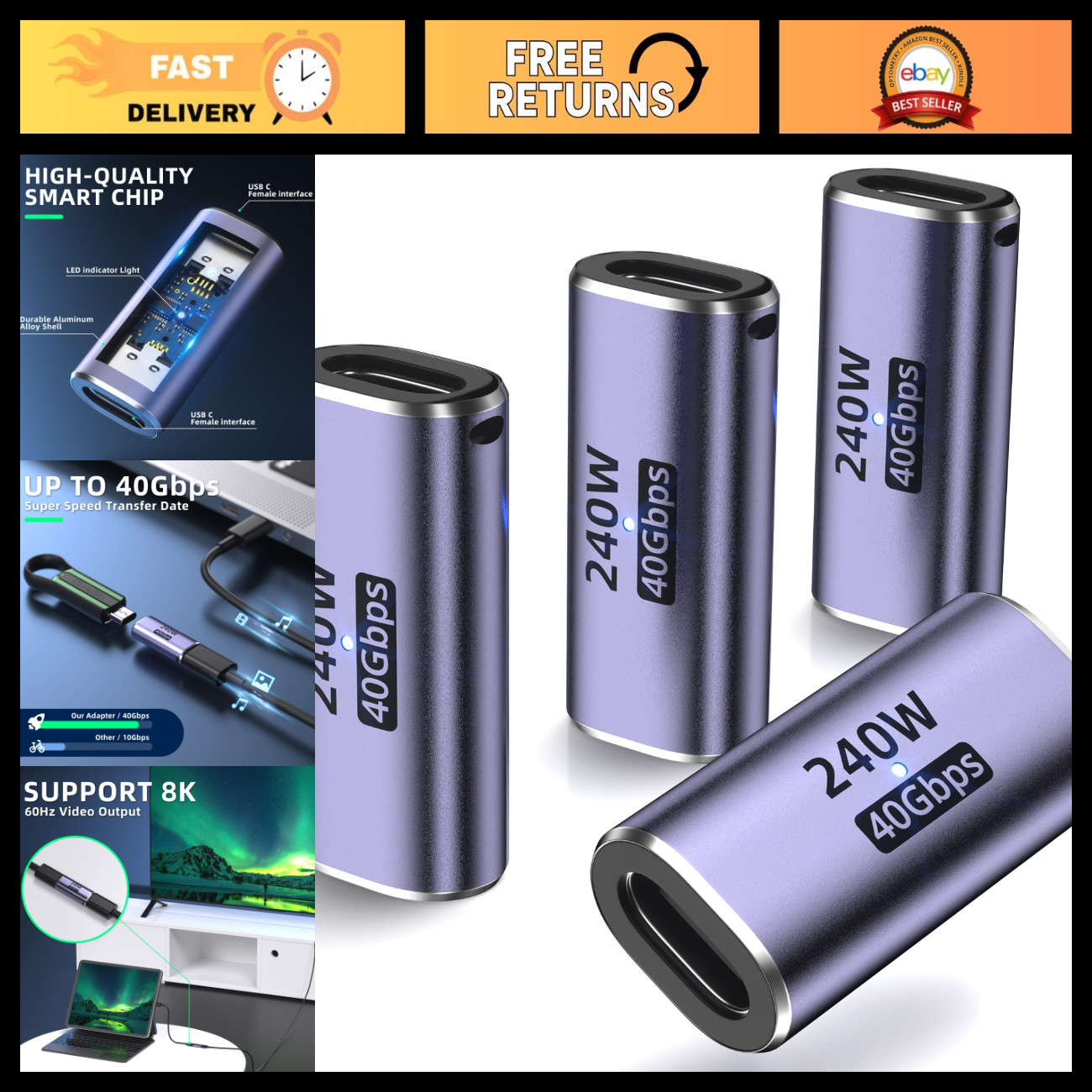 USB C Coupler 4 Pack, Female to Female Adapter, PD240W 40Gbps 8K 60Hz, Fast Data