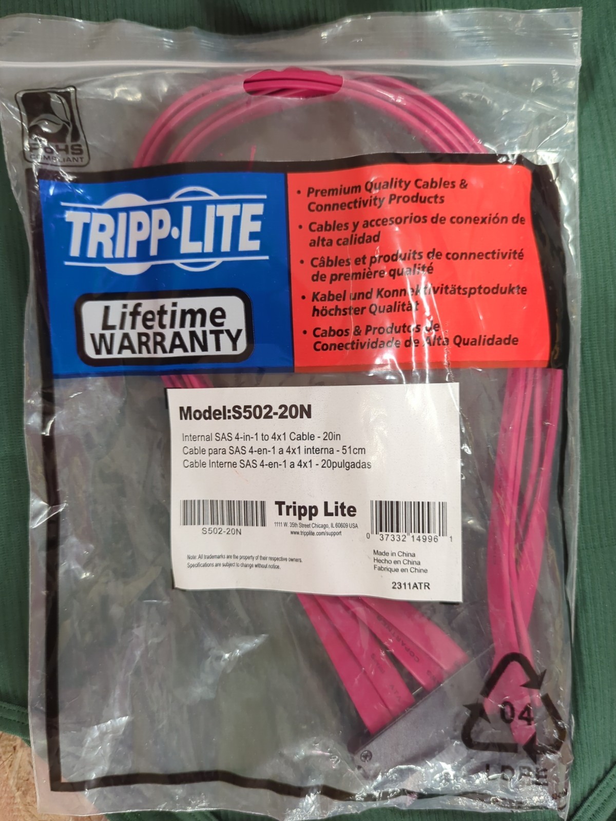 Tripp Lite S502-01M Internal SAS Cable, 4-in-1 32-Pin SFF-8484 to 4x 7-Pin Cable