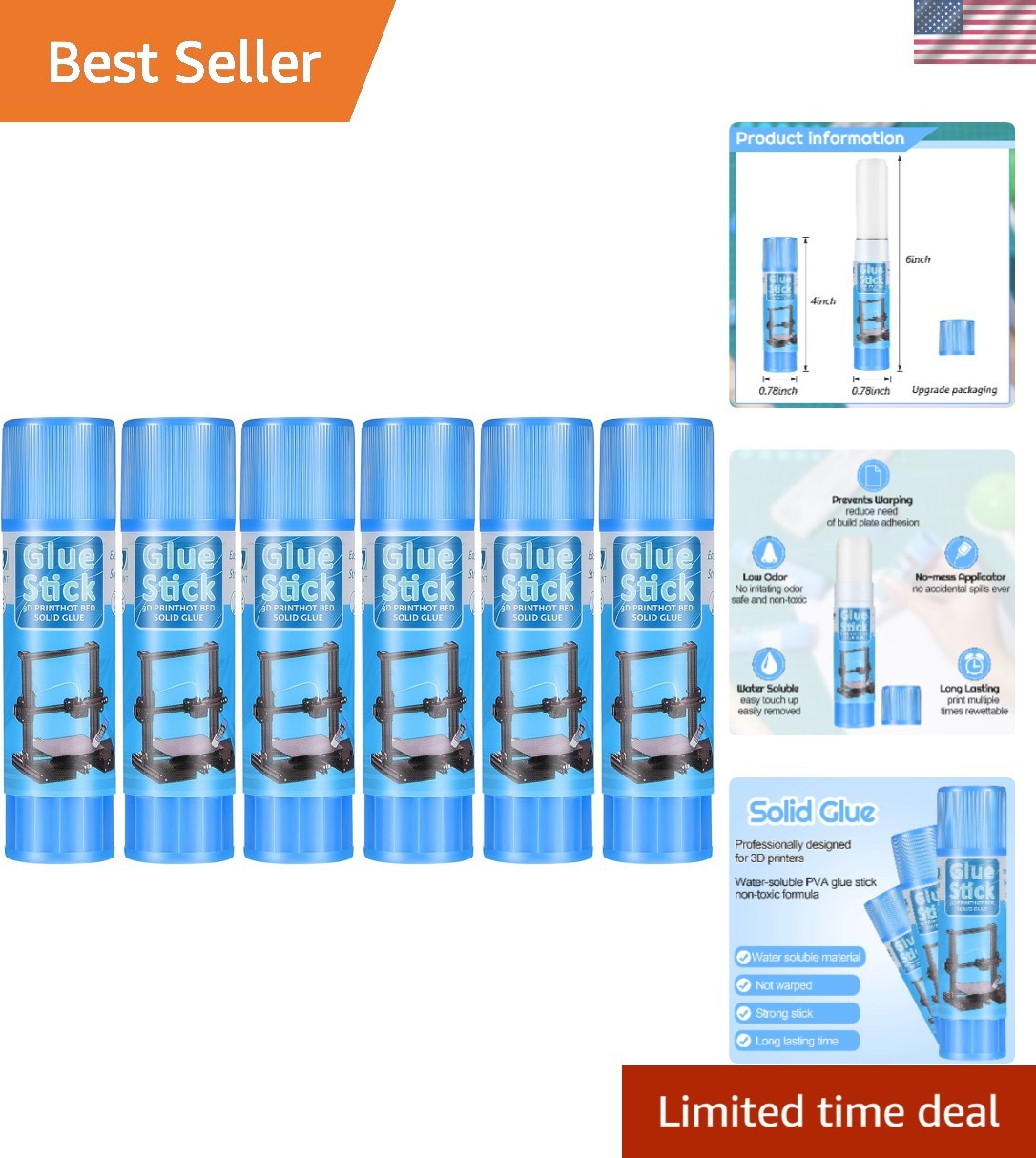 6 Pack 3D Printer Glue Sticks for Hot Bed PVP 3D Printer Adhesive Solid Glue Sti