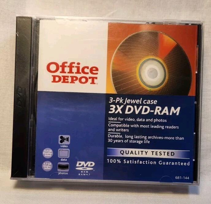 VTG 2004 DVD-RAM 4.7 GB Discs 3 Pack Office Depot w/ Jeweled Cases~NOS Sealed