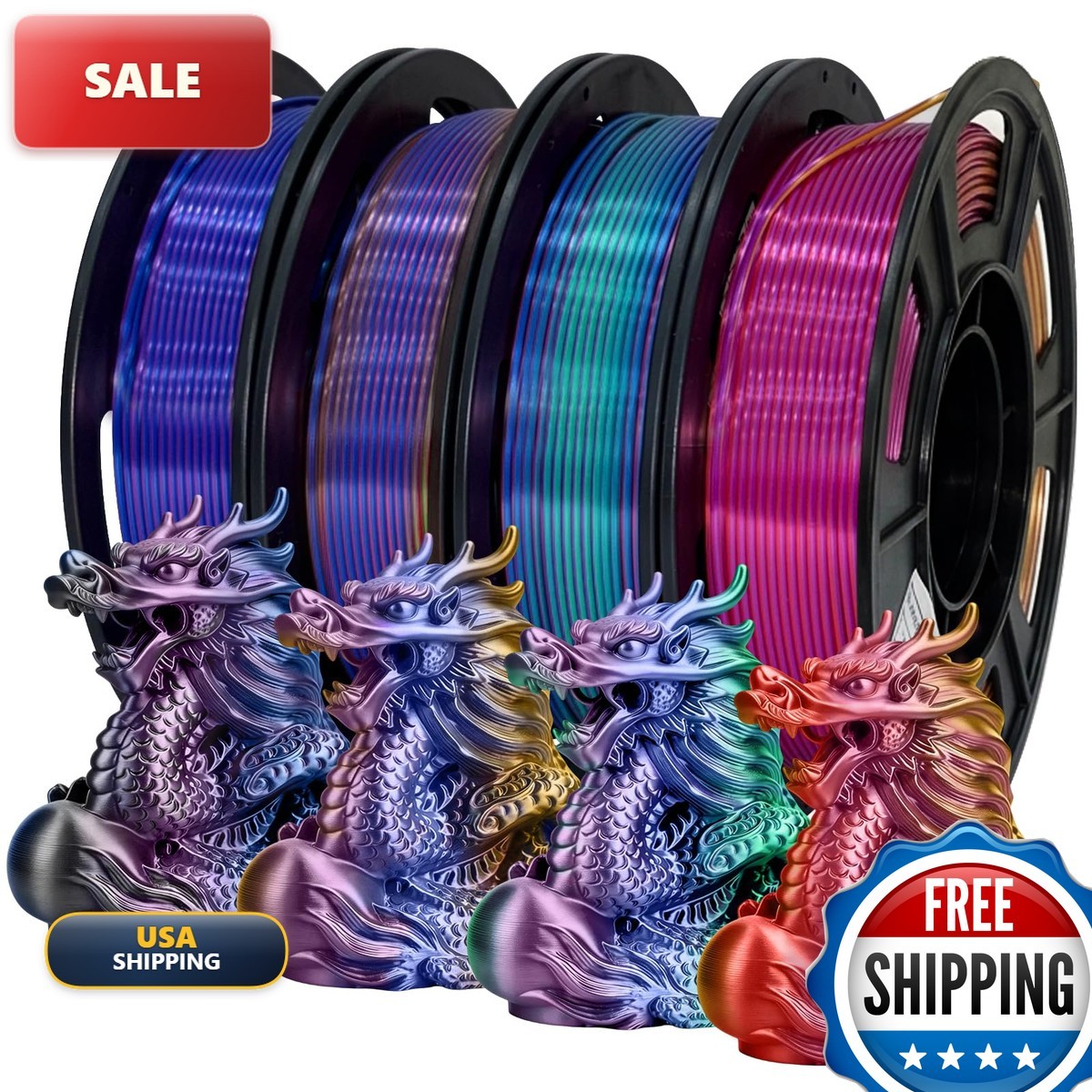 Frucindra Silk PLA+ Filament 1.75mm Shiny Tricolor 4 Spools 250g Each