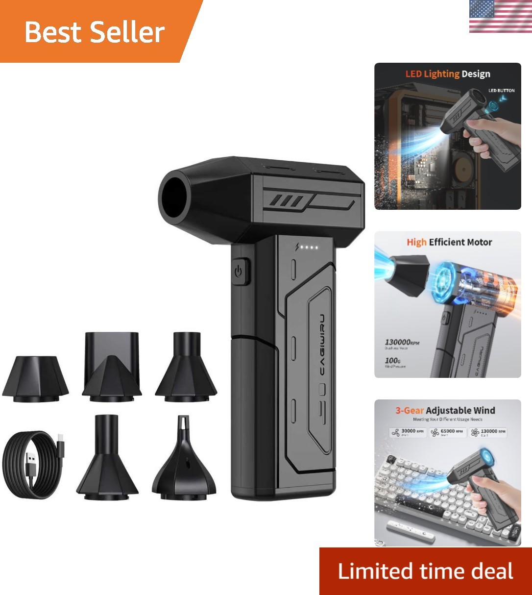 130000RPM Cordless Air Duster - Rechargeable High-Speed Blower with LED Light