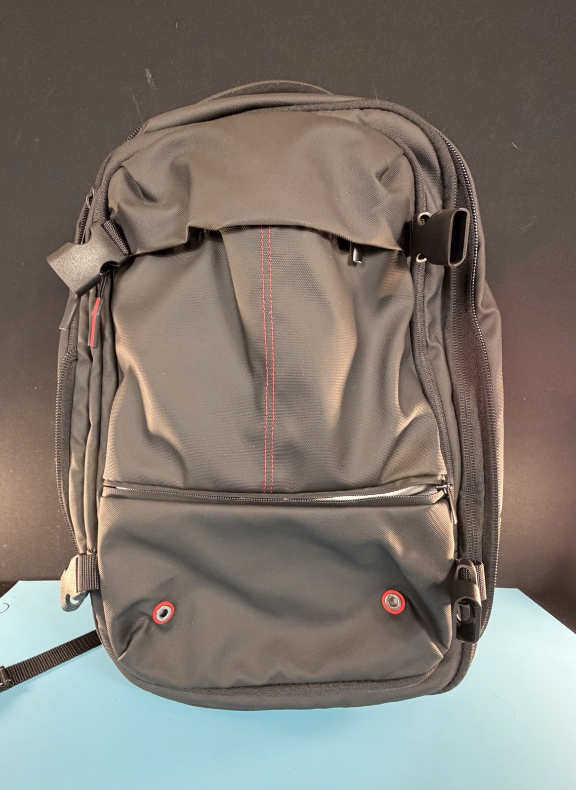 Black Nylon Laptop Backpack w/ Red Stitching, Padded Adjustable Straps, Zipper
