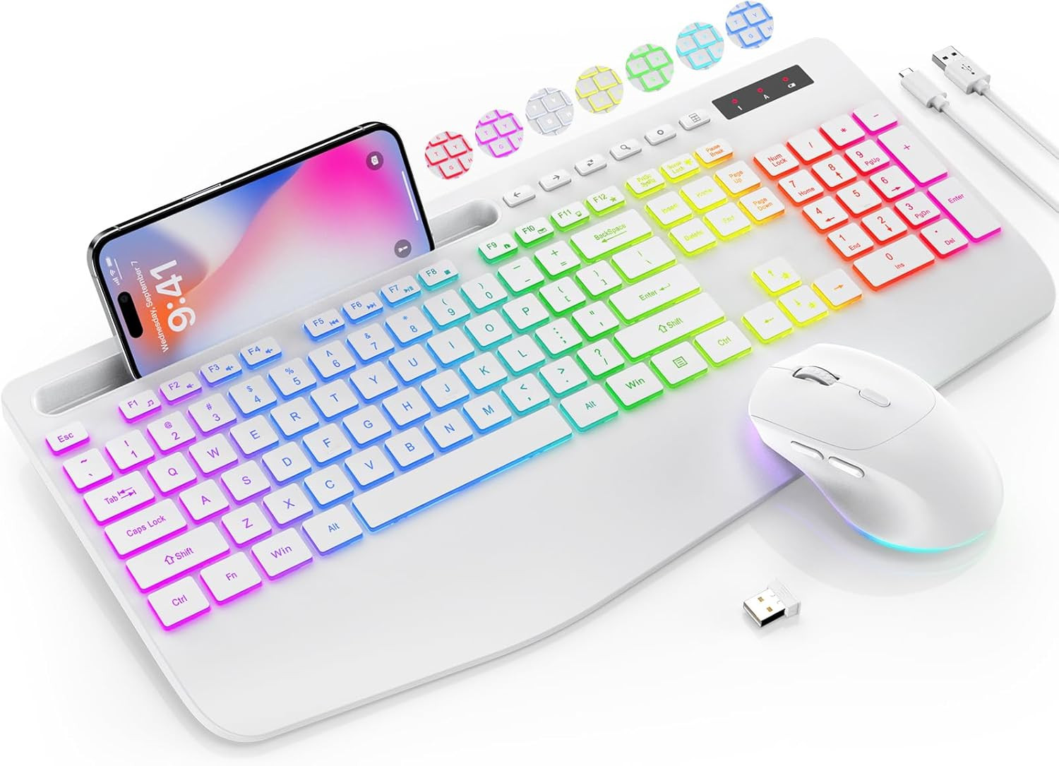 Wireless Keyboard Mouse Combo White RGB Backlit Wrist Rest Phone Holder