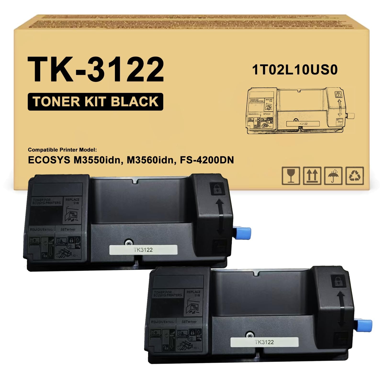 2-Pack TK-3122 TK3122 Black Toner Cartridges Compatible with 1T02L10US0
