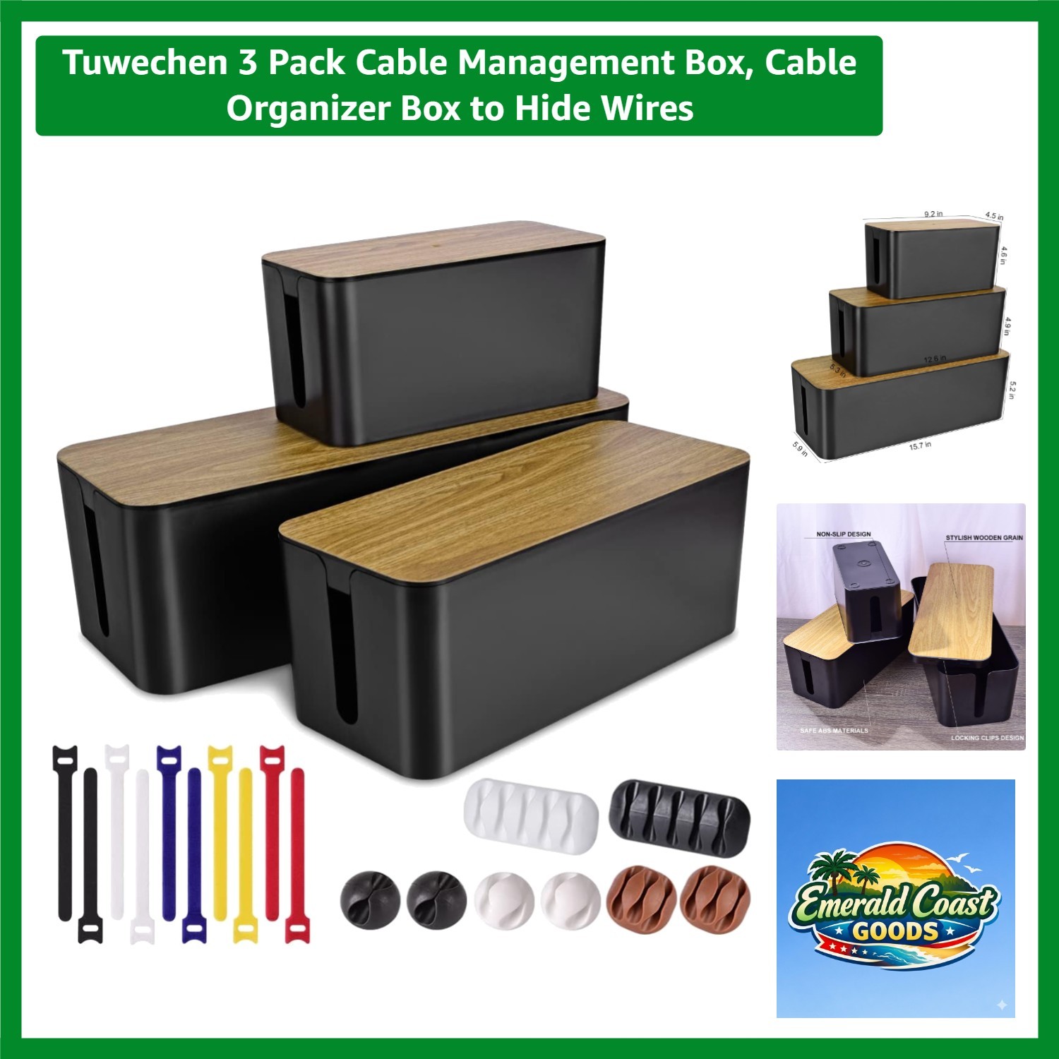 3 Pack Cable Management Box Set - Elegant Wood Grain Organizer for Home & Office