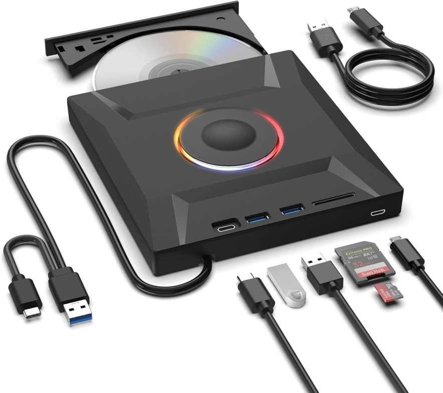 7 in 1 External CD DVD Drive, USB 3.0 and Type-C Disc Reader Burner Player