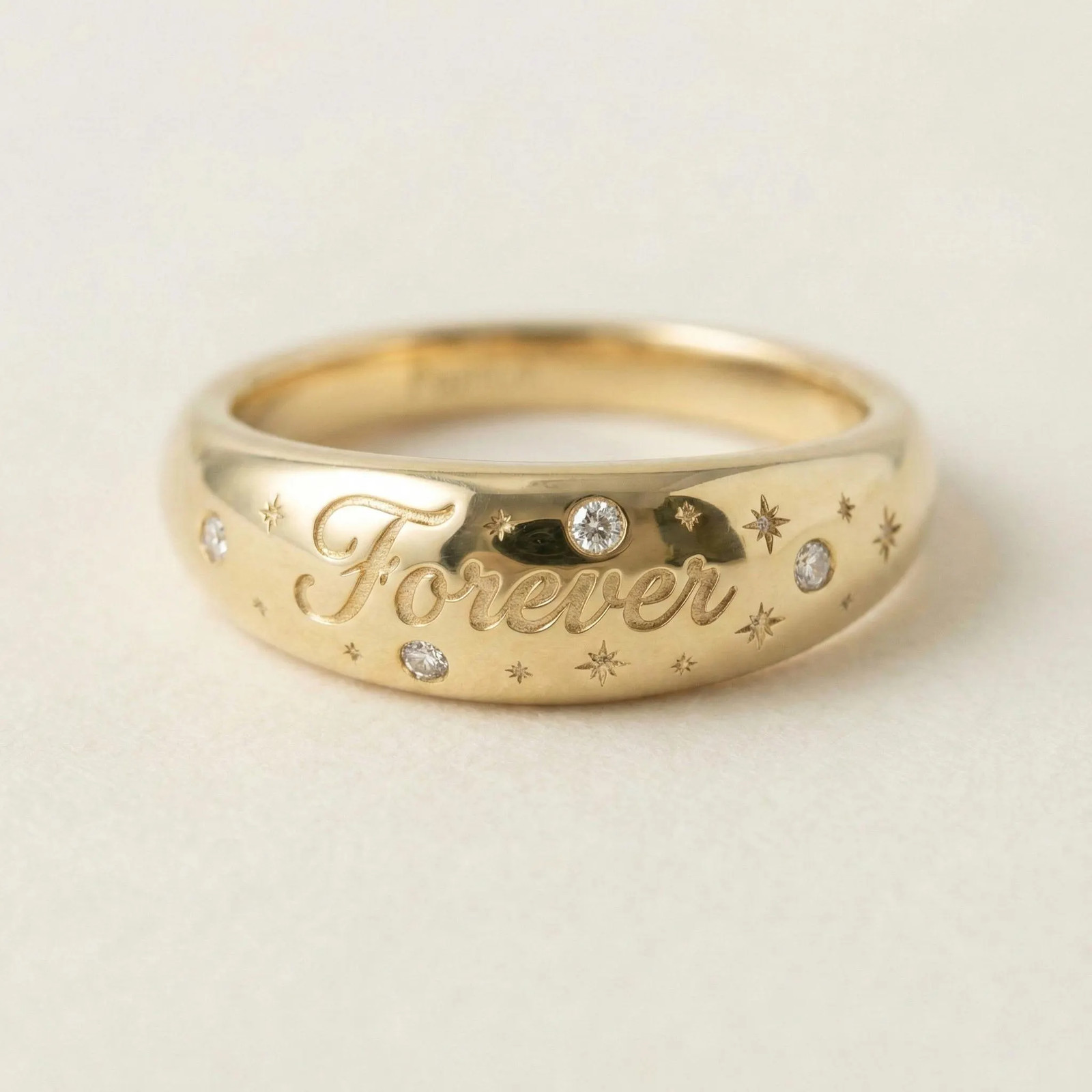 Celestial Diamond Name Ring, Custom Engraved Band with Star Details, Personalize