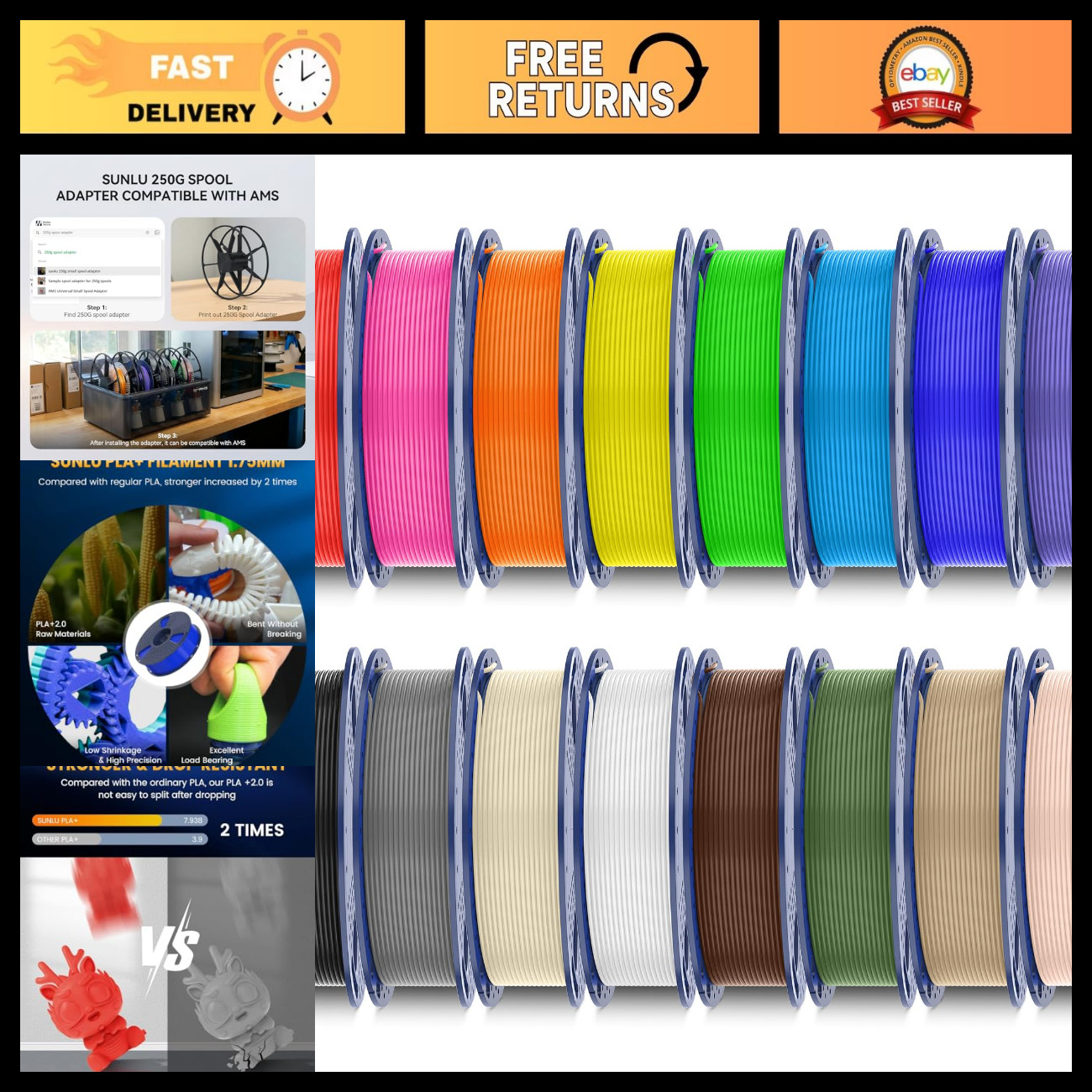Multicolor 3D Printer Filament Bundle, PLA+ 2.0, 16 Vibrant Colors, High Quality