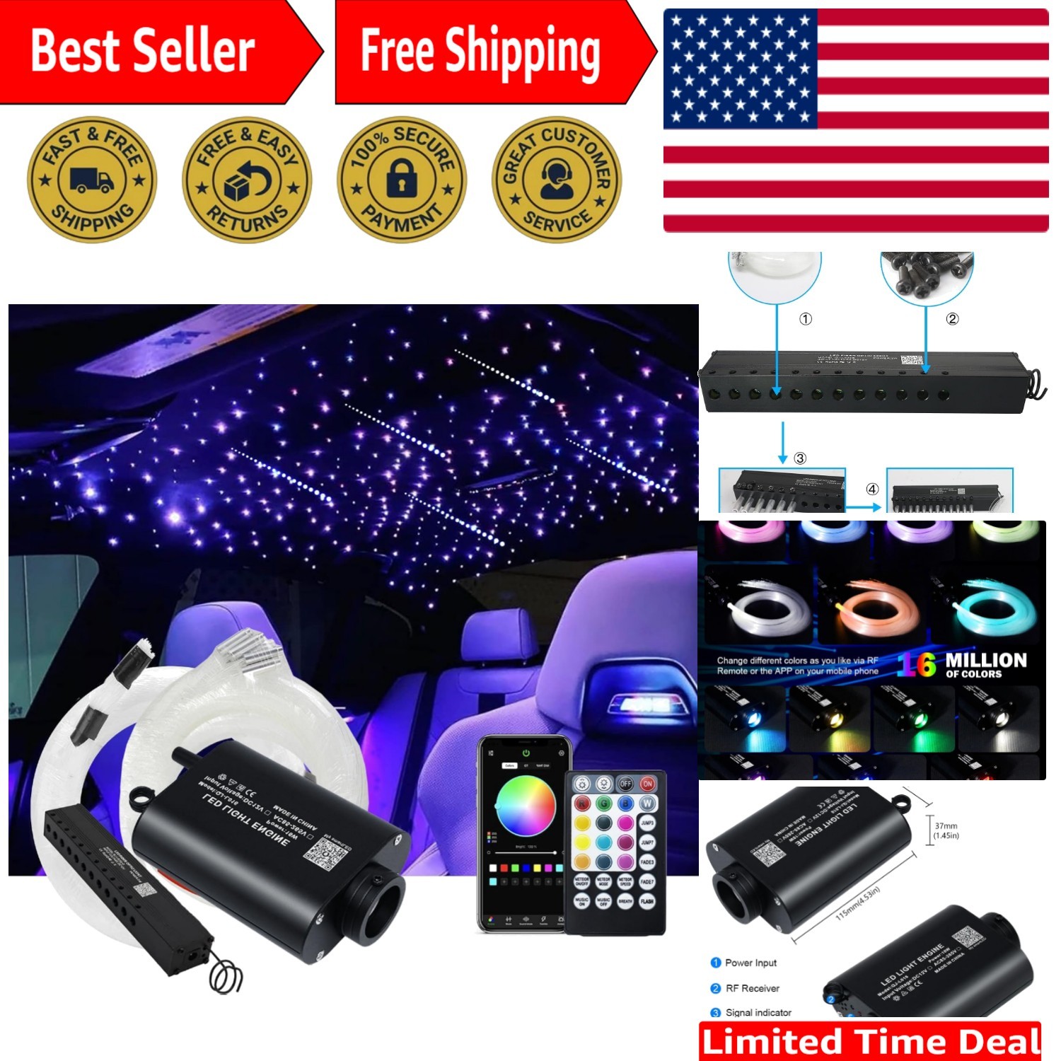 Vibrant 16W Sound Activated Fiber Optic Starlight Kit - 9.8ft Decorative Bliss