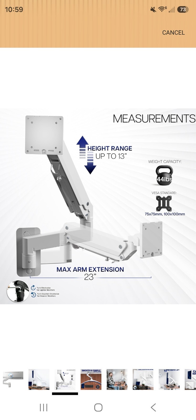 VIVO White Single Pneumatic Monitor Wall Mount, Fits Ultrawides up to 49"