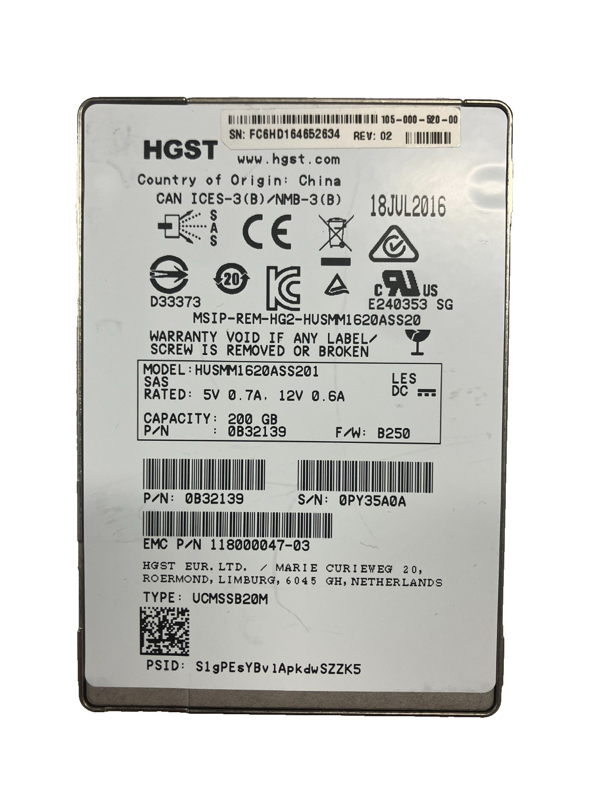 HGST HUSMM1620ASS201 SSD 200GB SAS 2.5" 0PY35A0A 512 b/s