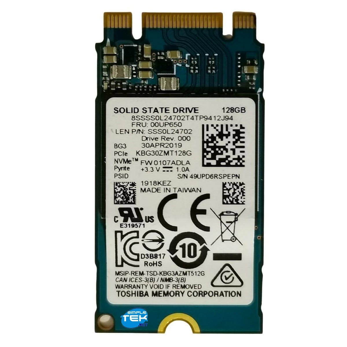 Toshiba Bg3 Ssd M.2 2242 128Gb Pcie Nvme Kbg30zmt128g 00Up650 Sss0l24702