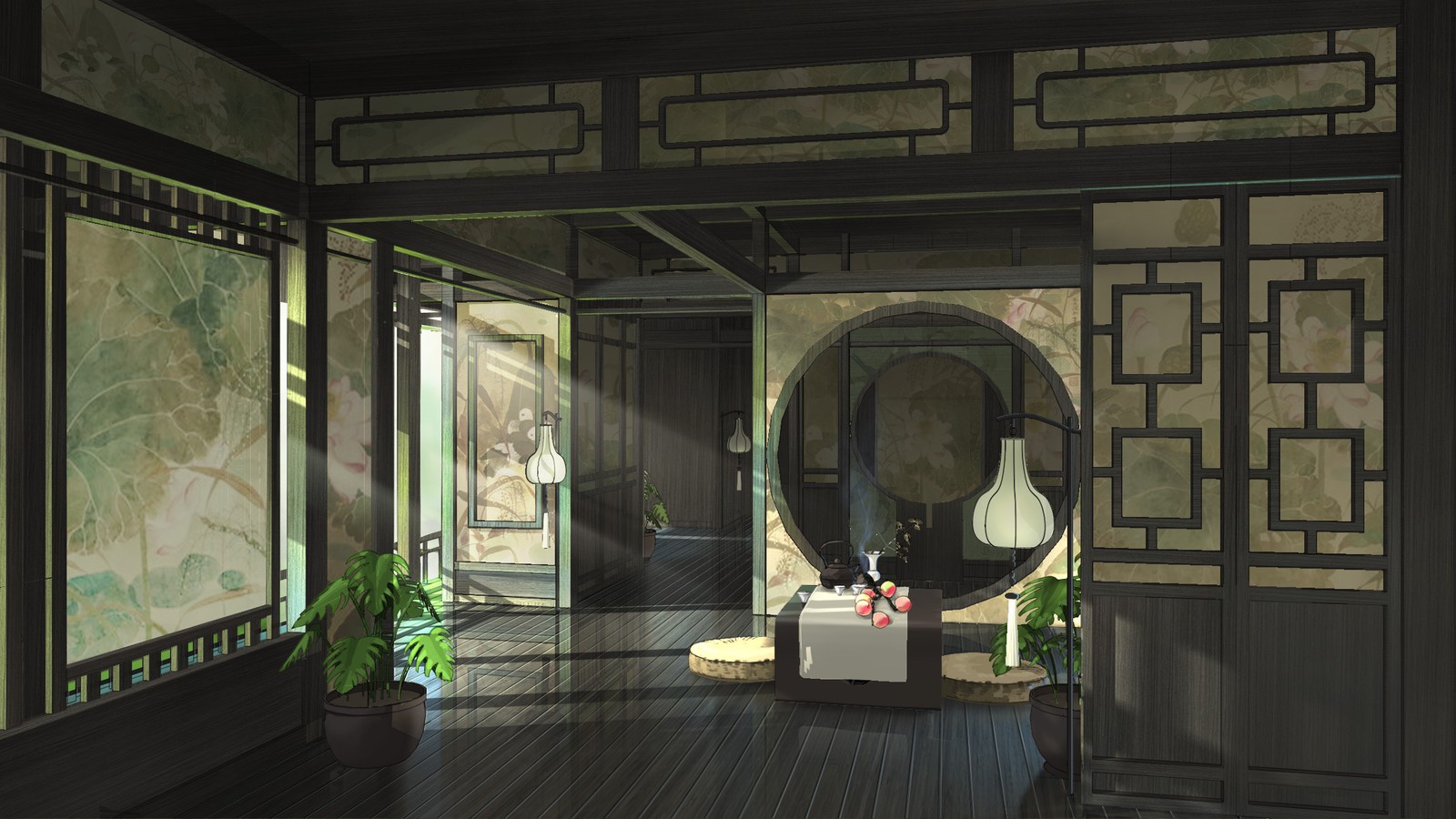 Landscape 2d moescape chinese architecture art interior Custom Gaming Mat Desk