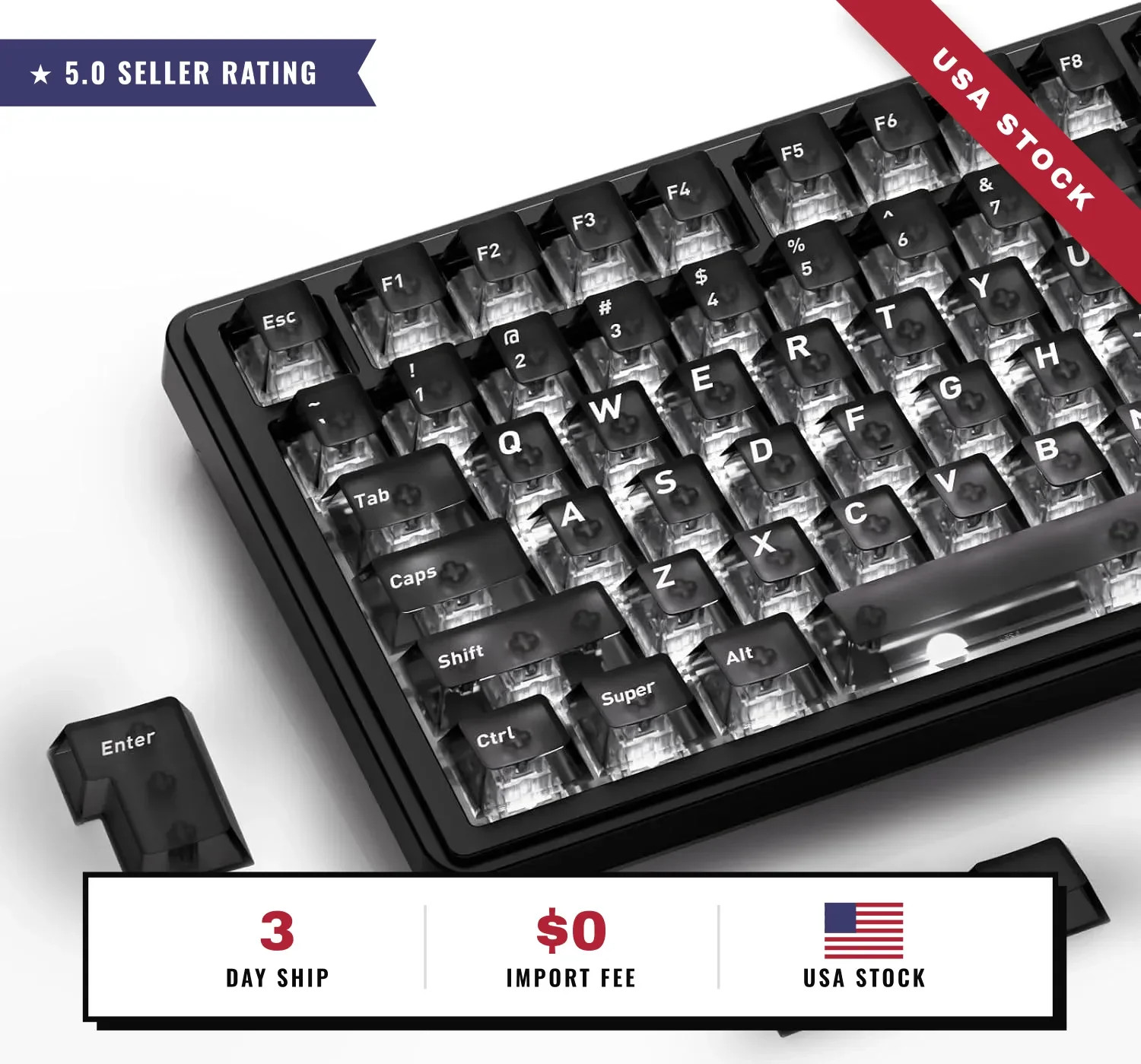 HITIME XVX Black Clear Keycaps, Transparent Keycaps 60 75 100 Percent, Ceramic K