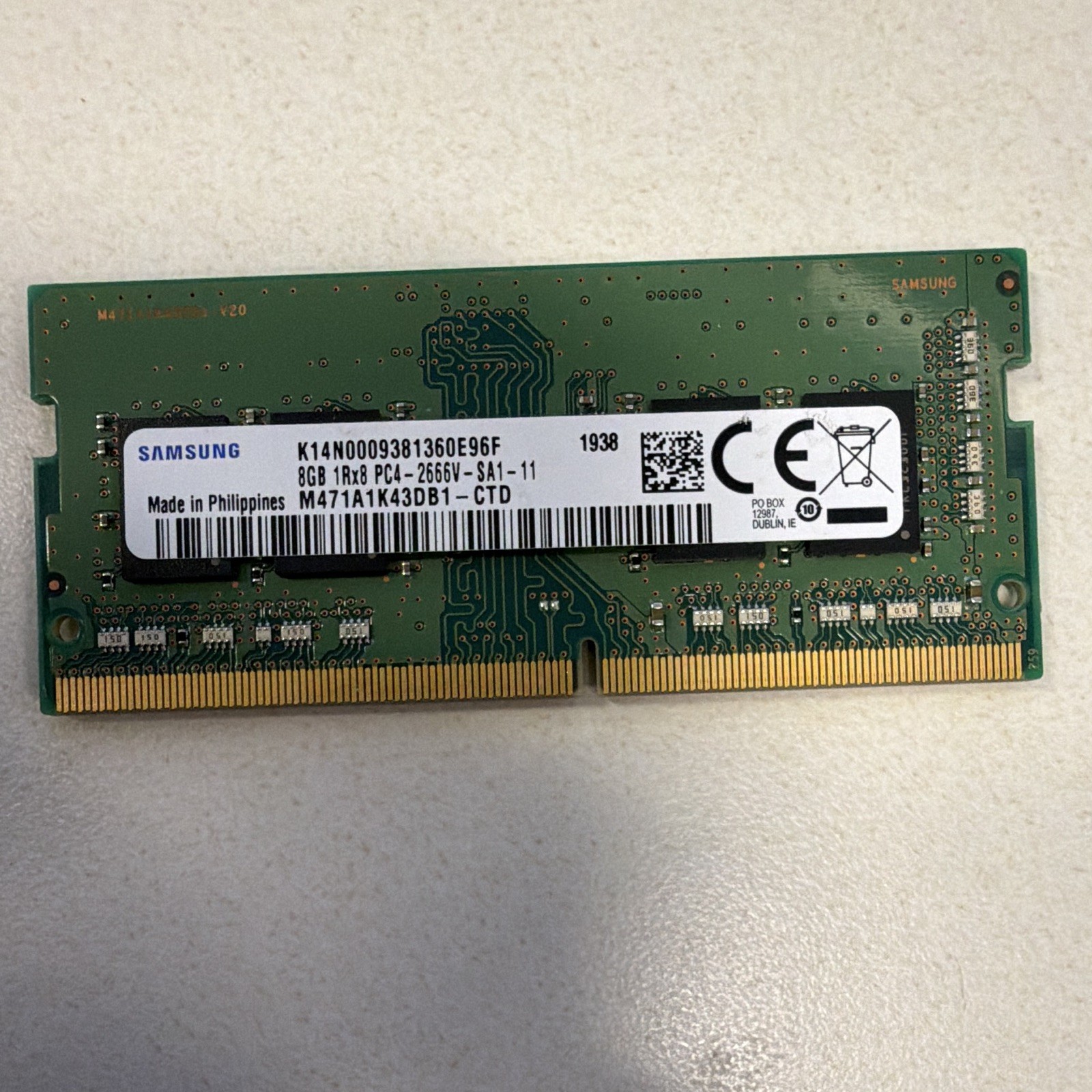 Samsung 8GB DDR4 SO-DIMM PC4-2666V 260-Pin Non-ECC RAM M471A1K43DB1-CTD