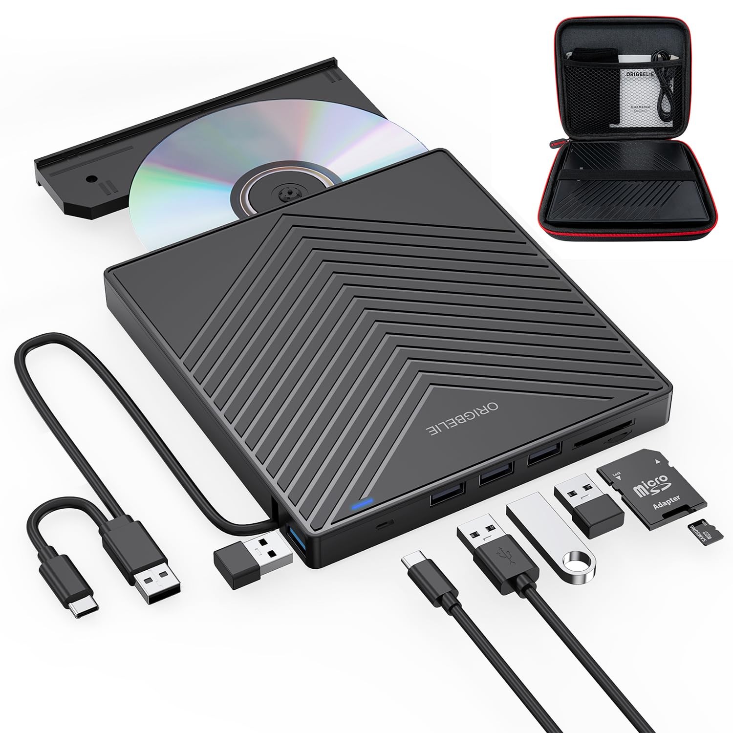 ORIGBELIE External CD DVD Drive, Ultra Slim CD Burner USB 3.0 with 4 USB Port...