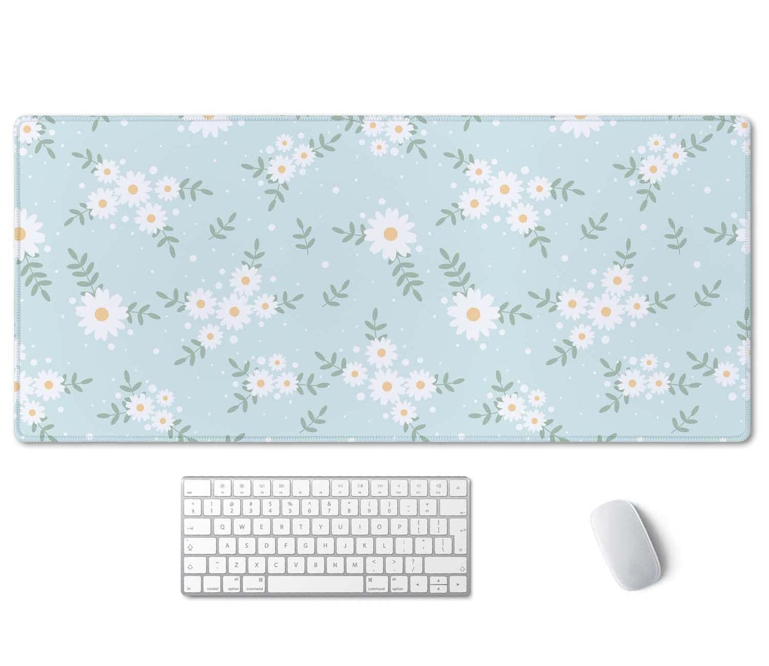 XXL Gaming Mouse Pad 35.5x15.7 Inch White Daisy Flower Extended Desk Mat Cute